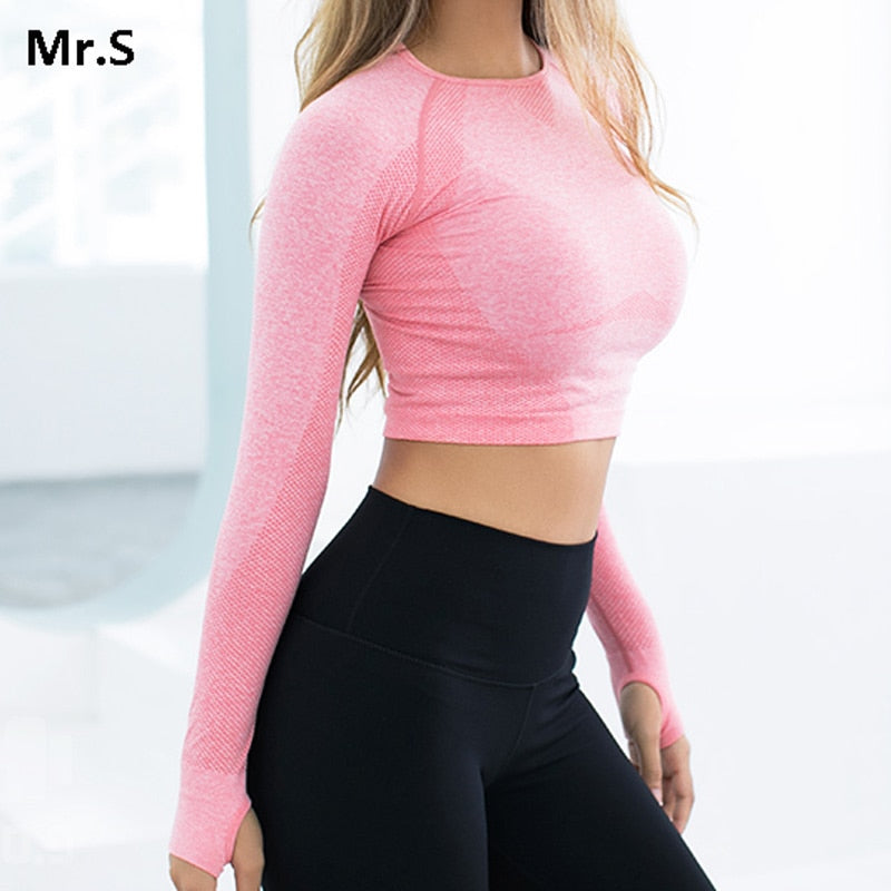  Seamless Womens Workout Tops Long Sleeve Shirts Yoga Sports  Running Breathable Gym Athletic Top Slim Fit Pink